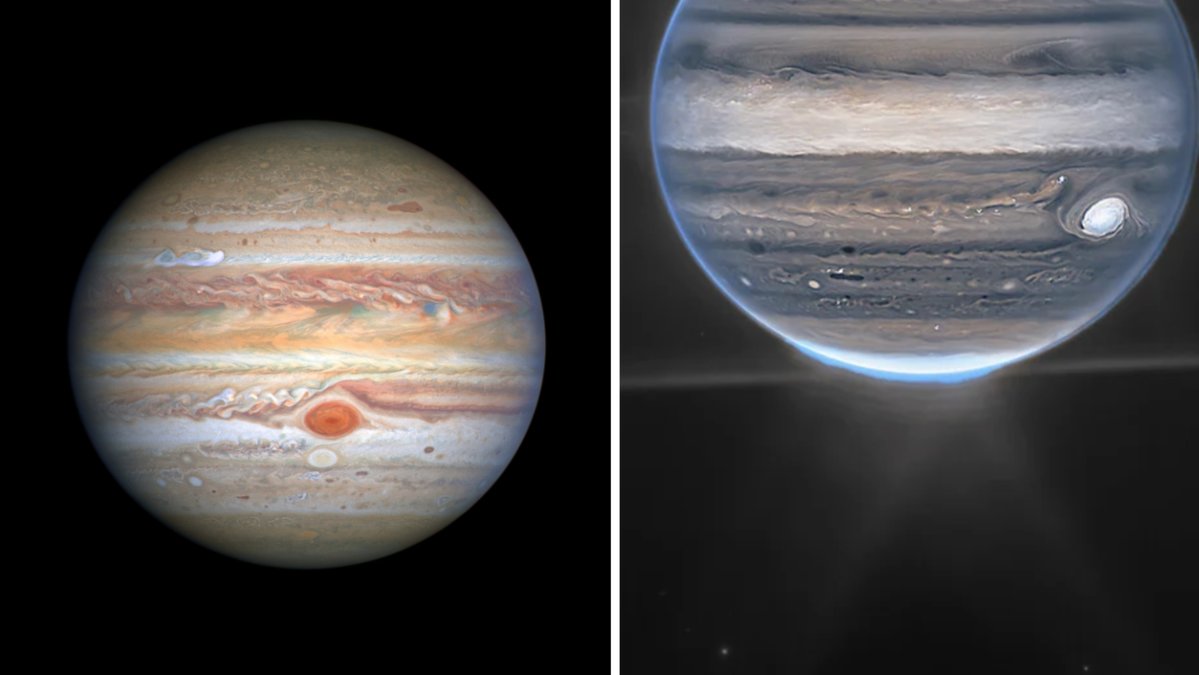 T.h. Fotot på Jupiter är taget av James Webb-teleskopet den 27 juli och har färglagts i efterhand.